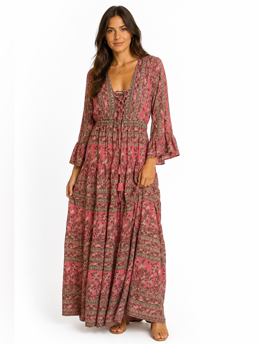 Anthropologie Boemo Boho Chic Ruffle Sleeve Tie Chest Maxi Dress